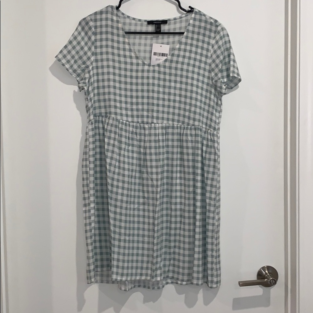 Forever 21 Gingham Babydoll Dress Green Sage White